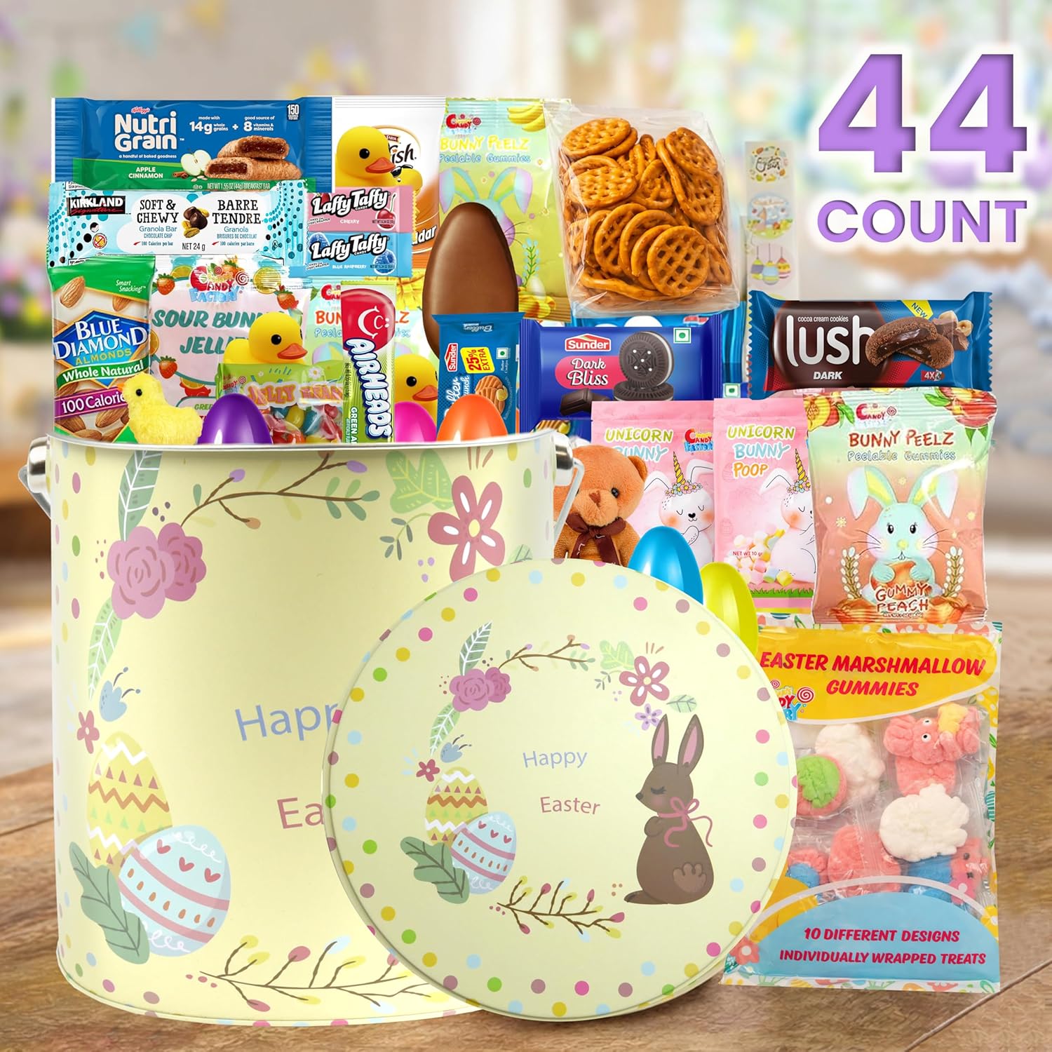 Easter Basket Tin (44 Count) Filled with Candy - Perfect Gift Package for Family and Friends