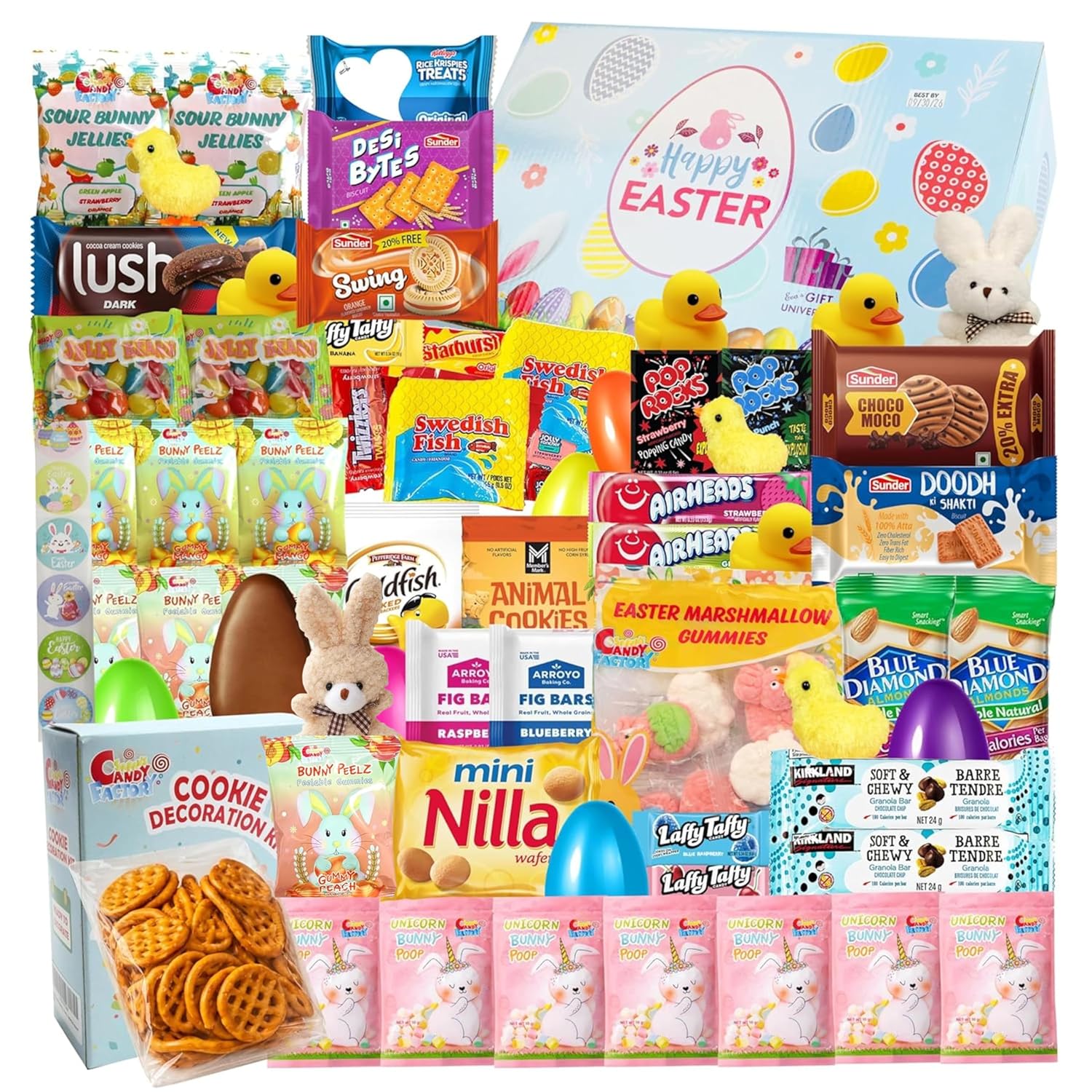 Easter Gift Basket (82 Count) Care Package with Assorted Treats, Snacks, Cookies, and Candy Gift Box for Friends and Family