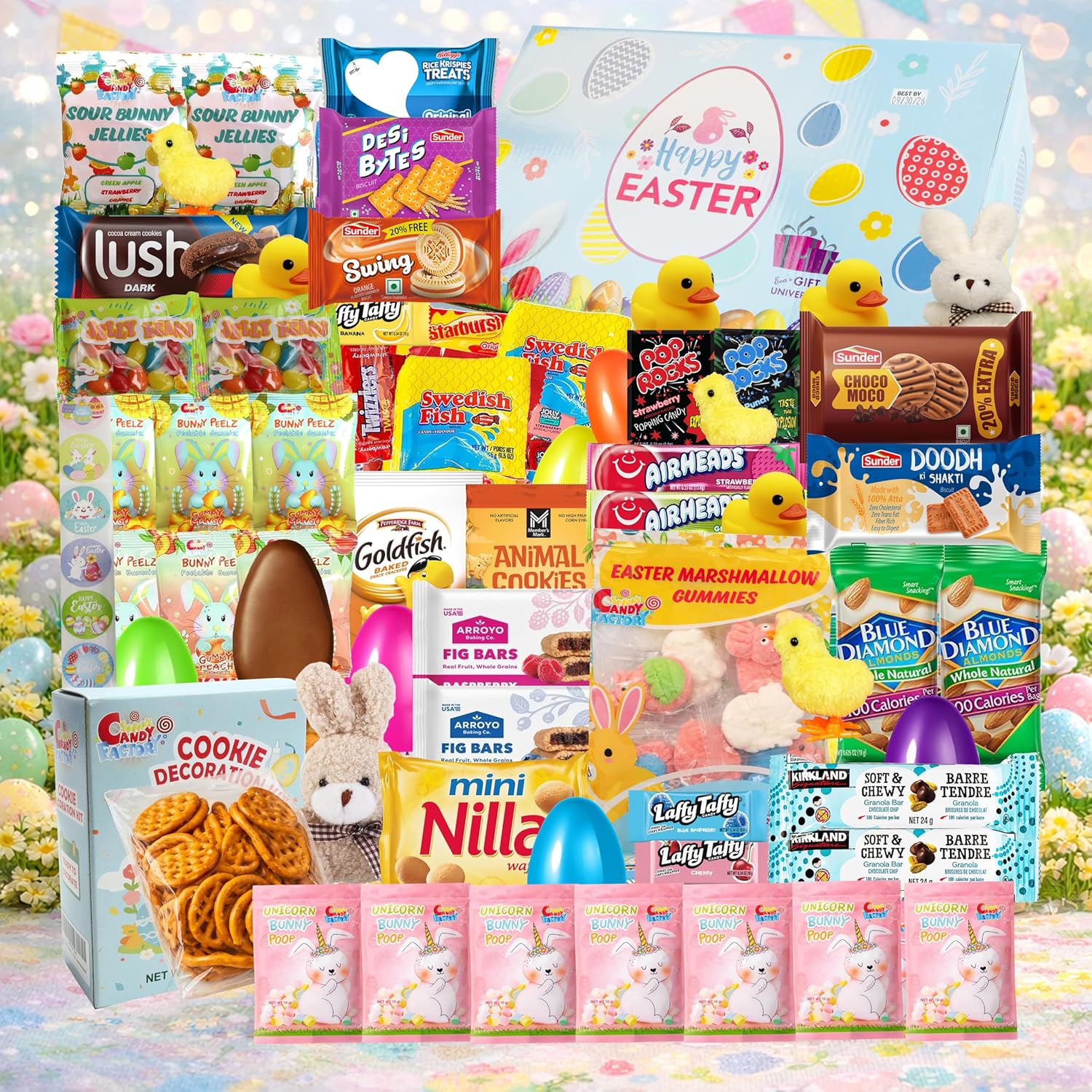 Easter Gift Basket (82 Count) Care Package with Assorted Treats, Snacks, Cookies, and Candy Gift Box for Friends and Family