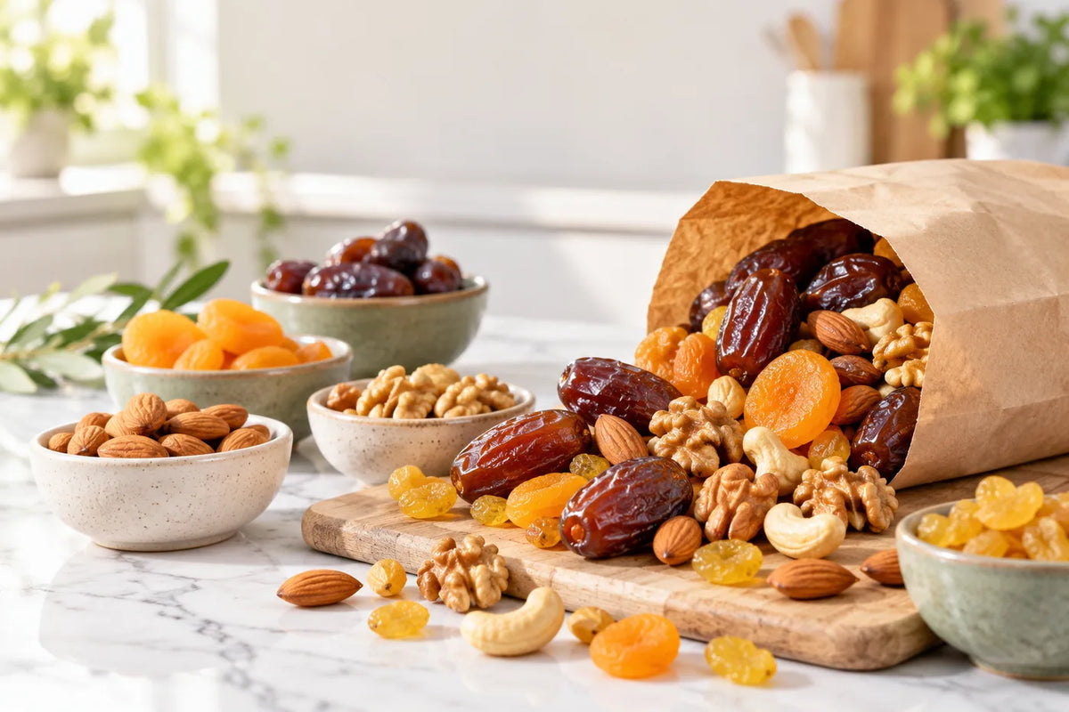 Medjool dates, walnuts, almonds and dried apricots spilling from a paper bag on a kitchen counter